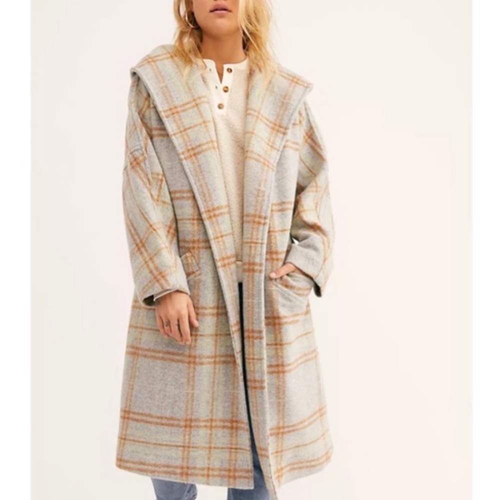 Free People Far From Home Grey plaid wool coat size L